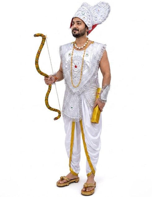 Mahabharat Warrior Costume for Kids – Arjun / Bhishma Pitamah Look with Silver Chest Armor & Accessory Set | Indian Mythological Fancy Dress for School & Cultural Events