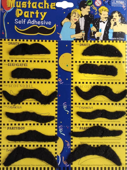 BookMyCostume Stick-On Moustache Set – 12 Pieces with 6 Unique Styles | Self-Adhesive Fake Mustaches for Kids & Adults | Theme Party, Fancy Dress, Fun Props