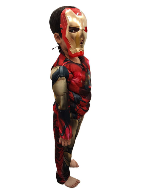 2 Pc Red and Yellow Muscle-Look Superhero Costume with Padded Chest, Arms & Plastic Face Mask | Sublimation Printed Fancy Dress Outfit | Birthday Party Prop