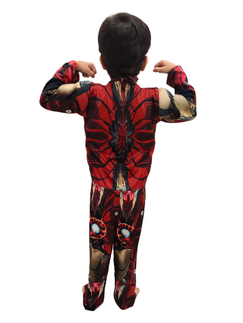 2 Pc Red and Yellow Muscle-Look Superhero Costume with Padded Chest, Arms & Plastic Face Mask | Sublimation Printed Fancy Dress Outfit | Birthday Party Prop