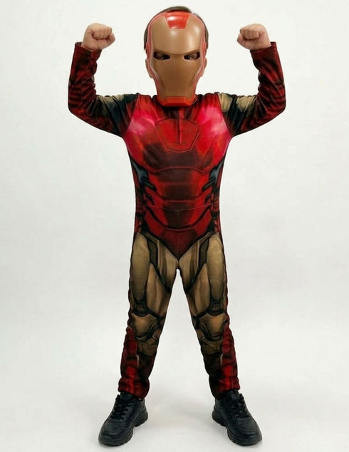 2 Pc Red and Yellow Muscle-Look Superhero Costume with Padded Chest, Arms & Plastic Face Mask | Sublimation Printed Fancy Dress Outfit | Birthday Party Prop