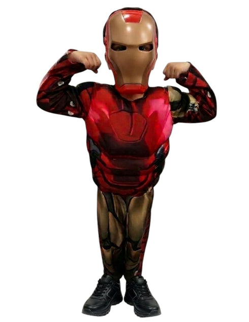 2 Pc Red and Yellow Muscle-Look Superhero Costume with Padded Chest, Arms & Plastic Face Mask | Sublimation Printed Fancy Dress Outfit | Birthday Party Prop