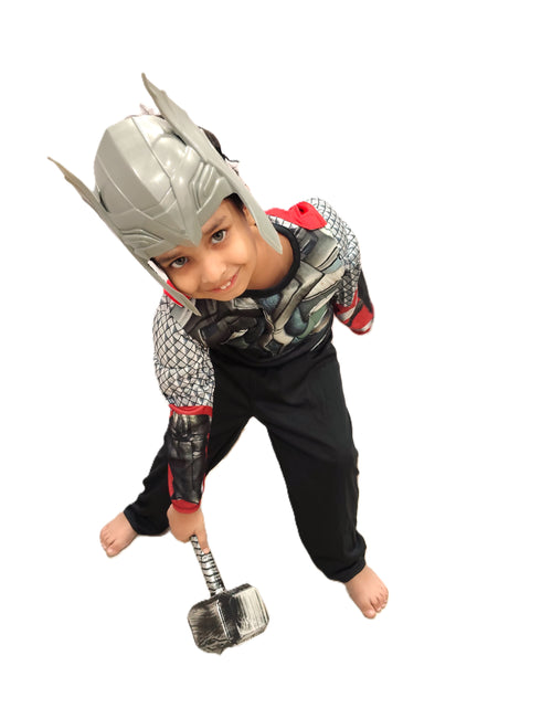 BookMyCostume 3 Pc Grey Thunder God Muscle-Look Superhero Costume with Padded Chest, Arms, Hammer & Plastic Face Mask | Sublimation Printed Fancy Dress Outfit | Birthday Celebration Costume