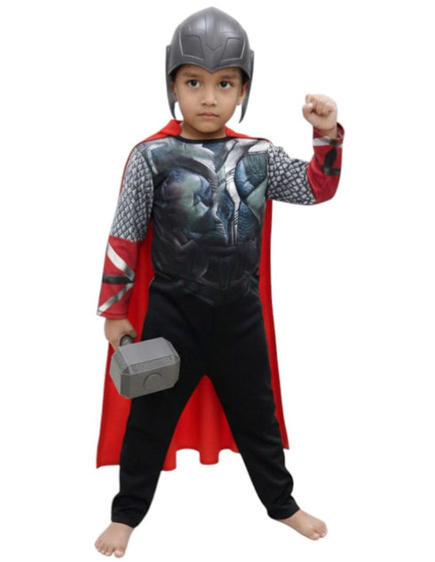 3 Pc Grey Thunder God Muscle-Look Superhero Costume with Padded Chest, Arms, Hammer & Plastic Face Mask | Sublimation Printed Fancy Dress Outfit | Birthday Celebration Costume