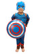 3 Pc American Shield Hero Muscle-Look Superhero Costume with Padded Chest, Arms, Plastic Face Mask & plastic Shield | Sublimation Printed Fancy Dress Outfit | Birthday Party Prop