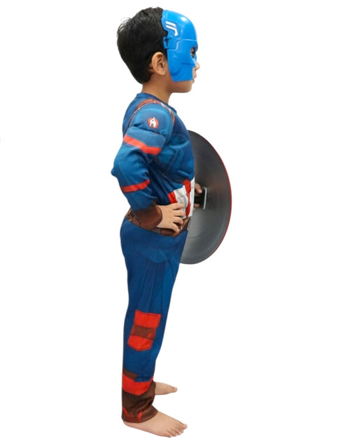 3 Pc American Shield Hero Muscle-Look Superhero Costume with Padded Chest, Arms, Plastic Face Mask & plastic Shield | Sublimation Printed Fancy Dress Outfit | Birthday Party Prop