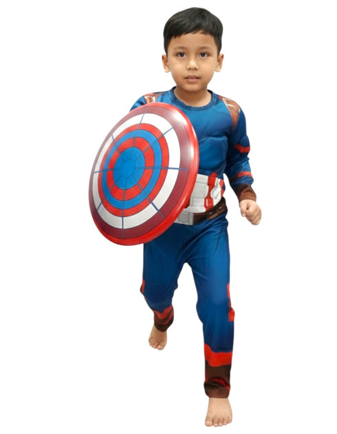 3 Pc American Shield Hero Muscle-Look Superhero Costume with Padded Chest, Arms, Plastic Face Mask & plastic Shield | Sublimation Printed Fancy Dress Outfit | Birthday Party Prop