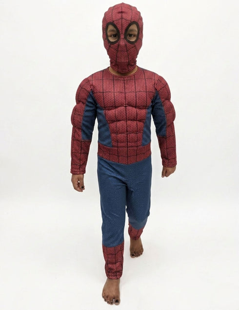 2 Pc Red Blue Web Hero Muscle-Look Superhero Costume with Padded Chest, Arms & Cloth Mask | Sublimation Printed Fancy Dress Outfit | Birthday Celebration Costume