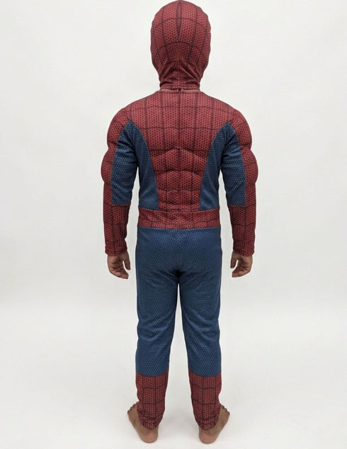 2 Pc Red Blue Web Hero Muscle-Look Superhero Costume with Padded Chest, Arms & Cloth Mask | Sublimation Printed Fancy Dress Outfit | Birthday Celebration Costume