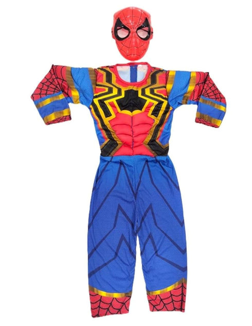 BookMyCostume Iron Spidey Metal Print Sublimation Suit - Muscle-Look Superhero Costume with Plastic Face Mask | Red & Blue Golden Superhero Costumes for Kids | Super Hero Costumes for Boys