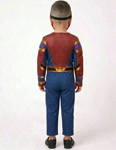 Iron Spidey Metal Print Sublimation Suit - Muscle-Look Superhero Costume with Plastic Face Mask | Red & Blue Golden Superhero Costumes for Kids | Super Hero Costumes for Boys