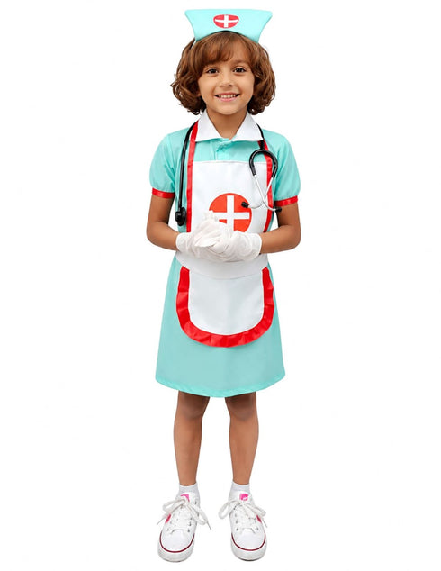 Community Helper Nurse Sister Fancy Dress Costume For Girls | Complete Set with Frock, Apron, Cap, Stethoscope & Syringe – Perfect for Role Play & Kids Fancy Dress