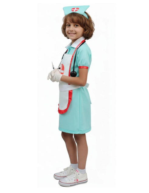 BookMyCostume Community Helper Nurse Sister Fancy Dress Costume For Girls | Complete Set with Frock, Apron, Cap, Stethoscope & Syringe – Perfect for Role Play & Kids Fancy Dress