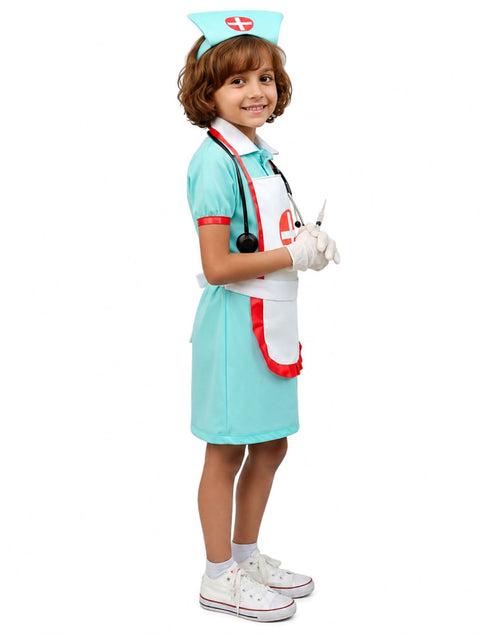 Community Helper Nurse Sister Fancy Dress Costume For Girls | Complete Set with Frock, Apron, Cap, Stethoscope & Syringe – Perfect for Role Play & Kids Fancy Dress
