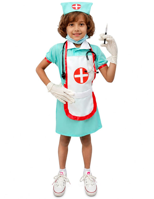 Community Helper Nurse Sister Fancy Dress Costume For Girls | Complete Set with Frock, Apron, Cap, Stethoscope & Syringe – Perfect for Role Play & Kids Fancy Dress