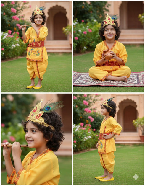 BookMyCostume Krishna Dress for Baby Boy | Print Shri Krishna Costume for Kids with Patka, Flute, Mukut & Mala | Janmashtami Photoshoot Outfit | Fancy Dress RolePlay Costume for Kids