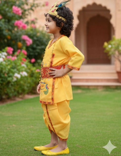 BookMyCostume Krishna Dress for Baby Boy | Print Shri Krishna Costume for Kids with Patka, Flute, Mukut & Mala | Janmashtami Photoshoot Outfit | Fancy Dress RolePlay Costume for Kids