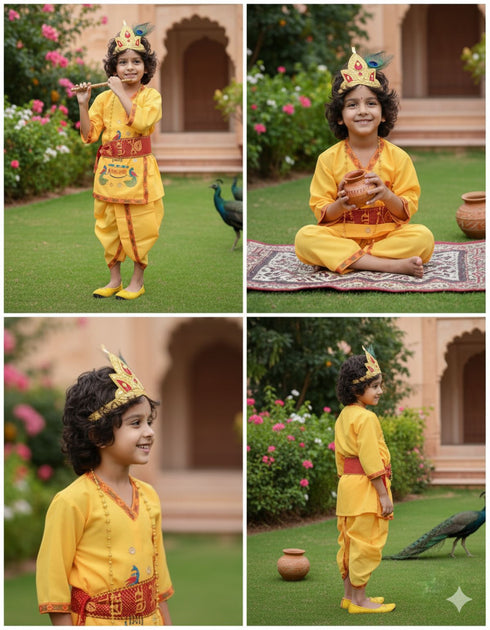 BookMyCostume Krishna Dress for Baby Boy | Print Shri Krishna Costume for Kids with Patka, Flute, Mukut & Mala | Janmashtami Photoshoot Outfit | Fancy Dress RolePlay Costume for Kids