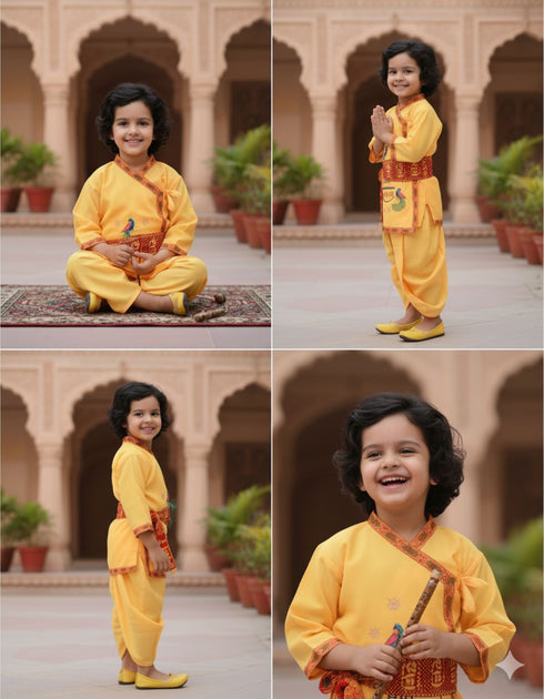 BookMyCostume Shri Krishna Dress for Baby Boy | Print Krishna Costume for Kids with Patka | Janmashtami Photoshoot Outfit | Kanha Dress for Baby Boy | Fancy Dress Costumes for Kids