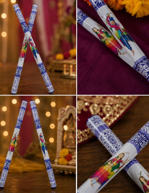 Wooden Raja Rani Dandiya Sticks | Traditional Seth Sethani Garba Sticks for Navratri & Dance Festivals | PVC Coated White & Blue Wooden Dandiya (1 Pair – 2 Sticks) | Fancy Dress Accessory for Kids & Adults