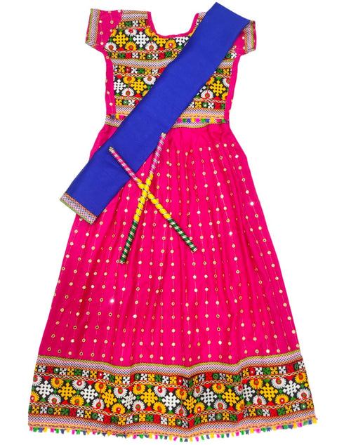 Readymade Pink Ethnic Cotton Garba Lehenga for Kids & Adults | Lehenga Choli Set with Dupatta & a Pair of Dandiya Sticks | Traditional Navratri Outfit for Garba Nights & Festivals