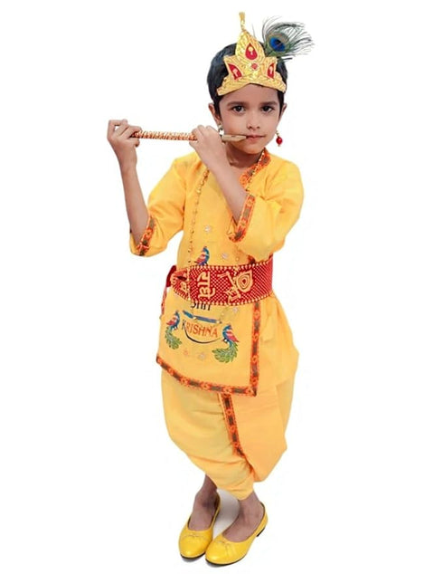 BookMyCostume Krishna Dress for Baby Boy | Print Shri Krishna Costume for Kids with Patka, Flute, Mukut & Mala | Janmashtami Photoshoot Outfit | Fancy Dress RolePlay Costume for Kids