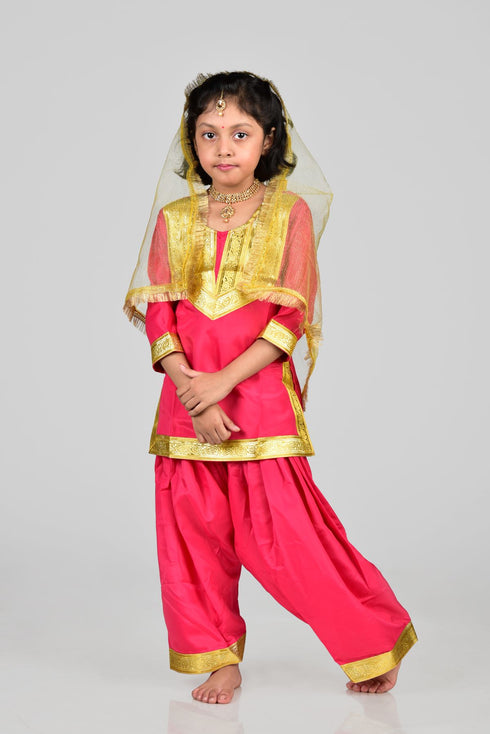 BookMyCostume Punjabi Folk Dance Costume Giddha for Girls and Females | Pink & Golden | With Jewellery