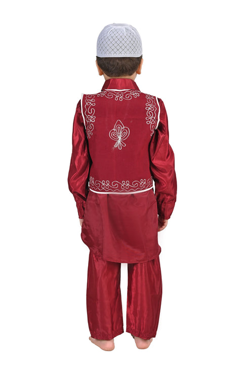 BookMYCostume Muslim Boy Red Pathani Suit with Cap Indian Fancy Dress Costume for Boys