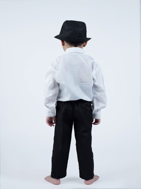 BookMyCostume Ballroom Western Dance White Frill Shirt Black Pant Hat & Bow Set Kids Fancy Dress Costume