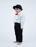 BookMyCostume Ballroom Western Dance White Frill Shirt Black Pant Hat & Bow Set Kids Fancy Dress Costume