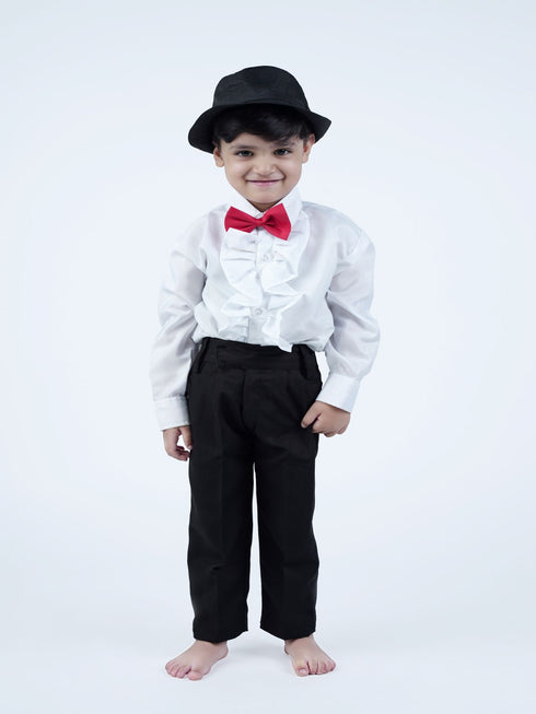 BookMyCostume Ballroom Western Dance White Frill Shirt Black Pant Hat & Bow Set Kids Fancy Dress Costume