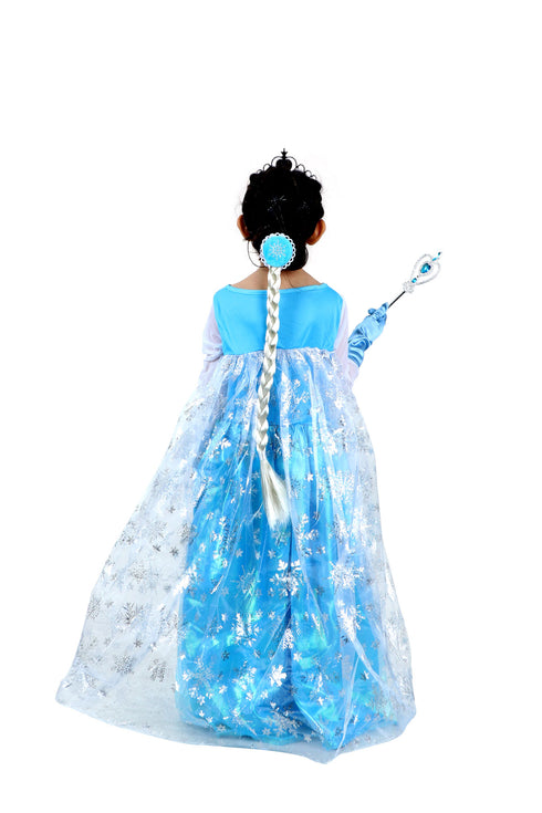 BookMyCostume Snow Queen with Gloves Wand Crown and Wig Accessories Frozen Fairy Tale Kids Fancy Dress Costume | Imported