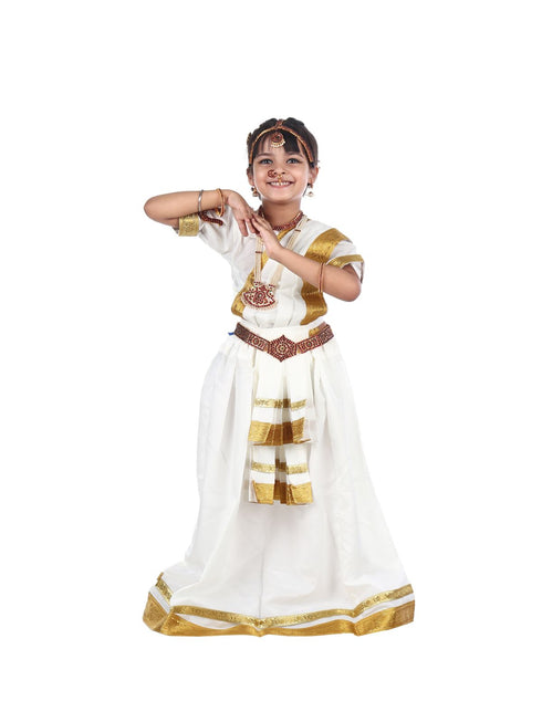 BookMyCostume Mohiniyattam Saree Indian Classical Dance Costume for Girls and Women with 10 Pcs Jewellery Set