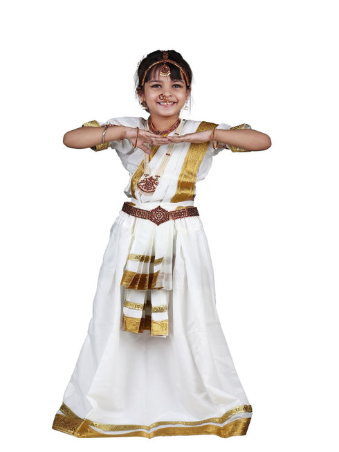 BookMyCostume Mohiniyattam Saree Indian Classical Dance Costume for Girls and Women with 10 Pcs Jewellery Set