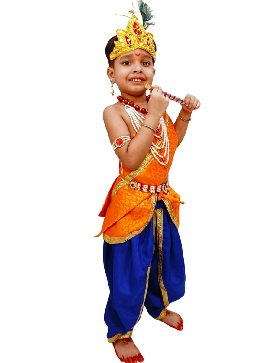 BookMyCostume Krishna Costume with Heavy Jewellery and Mukut Set - Janmashtami Premium Dress for Baby Kanha Boys & Girls - Blue & Orange