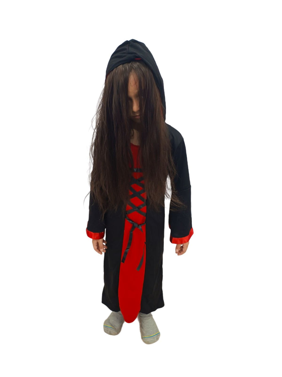 BookMyCostume Red and Black Halloween Costume for Girls | Witch costume for girls Gown with scary attached hood and Pumpkin Basket Combo