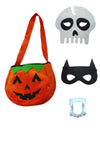 BookMyCostume Halloween Accessories Combo - Pumpkin Trick & Treat Candy Basket Cloth with Dracula teeth & Skeleton Scary Halloween mask & Black Superhero Mask Halloween Costume Fancy Dress Pack of 4 Accessories