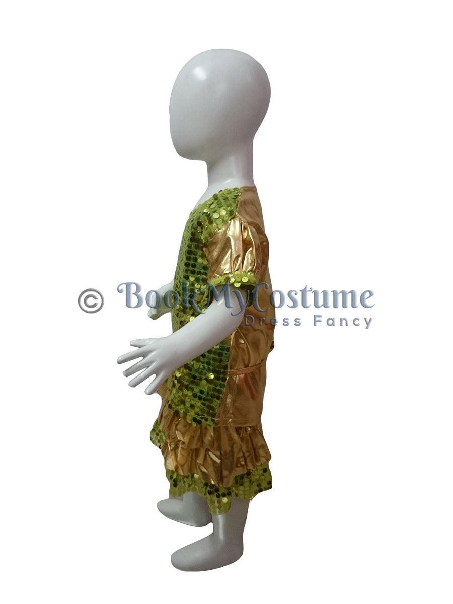 Western Dance Costume for Girls - Green & Golden - Top with Frock - Premium