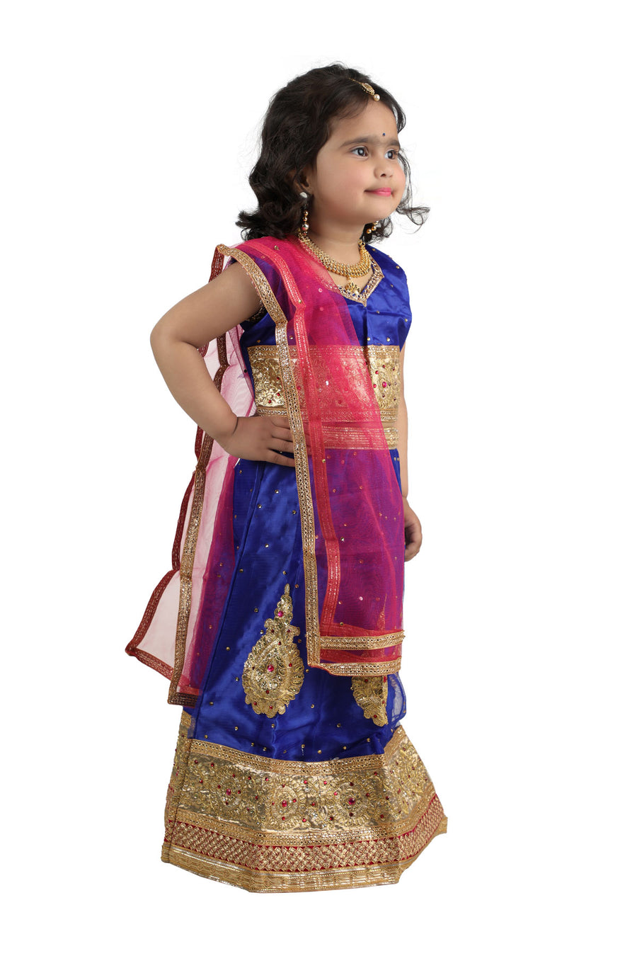 Radha Garba Lehenga Choli Kids Fancy Dress Costume for Girls with Jewellery - Premium - Blue