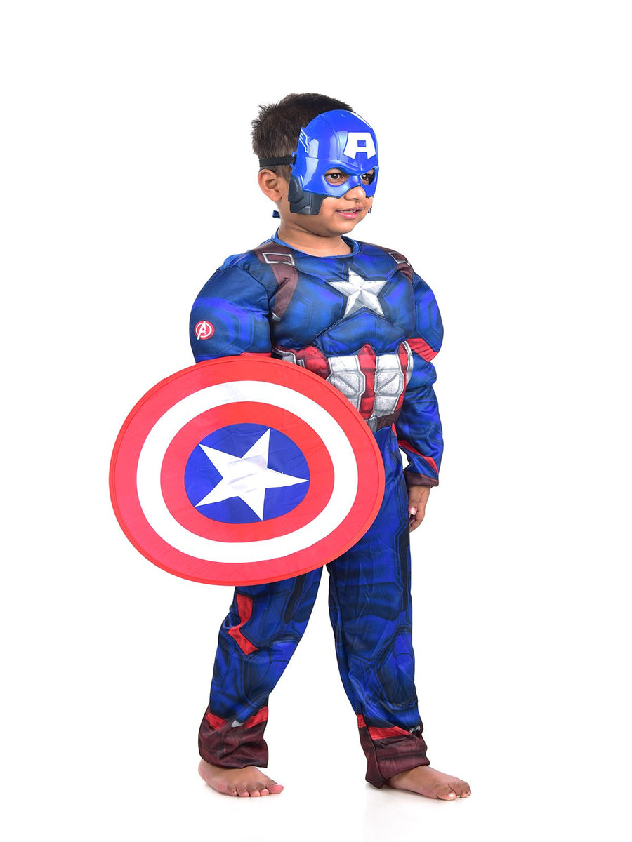 Captain America Avengers Superhero Kids Fancy Dress Costume with shield - Muscle Look - Imported