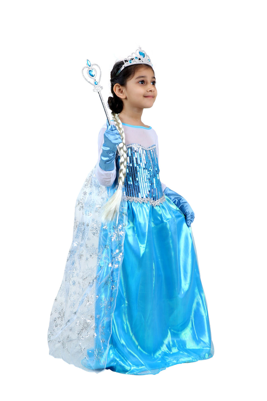 Elsa Snow Queen with Gloves Wand Crown and Wig Accessories Frozen Fairy tale Kids Fancy Dress Costume | Imported